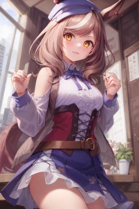 masterpiece,best quality,solo,1girl,matikanetannhauser\(umamusume\),thsrsclos,white shirt,blue skirt,red ribbon,belt,red hairbow,ble skirt,cabbie hat,sleeveless jacket