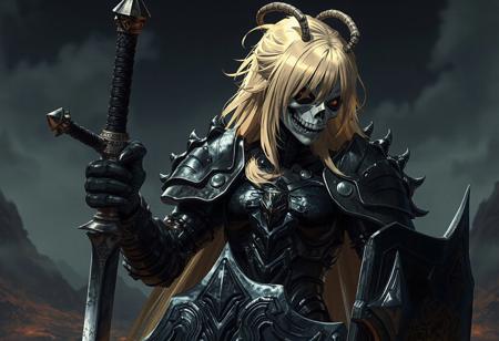 A sexy blonde Skullknight in dark souls-inspired black armor, with a sword and shield, is depicted in a detailed, anime-style artwork. The Skullknight, resembling the Lord of Cinder, has a spoon-like slim figure and wears lamellar armor. Set against a spacious background, the anthro character exhibits insect-like features. The hyper-realistic, 8K render boasts golden ratio proportions, intricate details, and dim volumetric lighting, showcasing the character's spines, nerves, and veins. This artwork is trending on ArtStation, reflecting the styles of renowned artists like Thomas Kinkade, Ellen Jewett, Krenz Cushart, and Beeple.