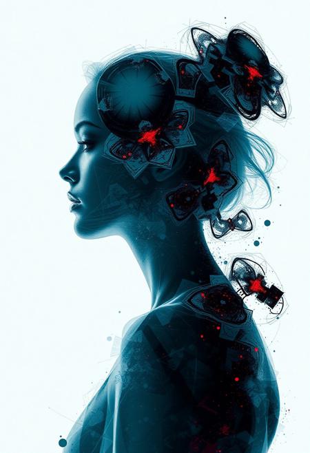 double exposure. fractal beauty, cyberpunk, Luis Royo, Thierry Cailleteau style, Olivier Vatine style, art Deco, datanoshing, ink v3, splash style, abstract art, abstract tech, 3D, high definition, photo realistic, specified, cybertech. 3D rendering, insane detail, soft light, real photo fujifilm superia, cinematic, full HD, taken on Canon EOS R5