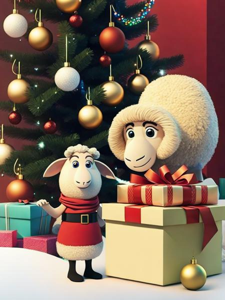 <lora:AardmanAnimations:1>a cartoon sheep with a christmas present in front of a christmas tree and a christmas tree by Aardman Animations