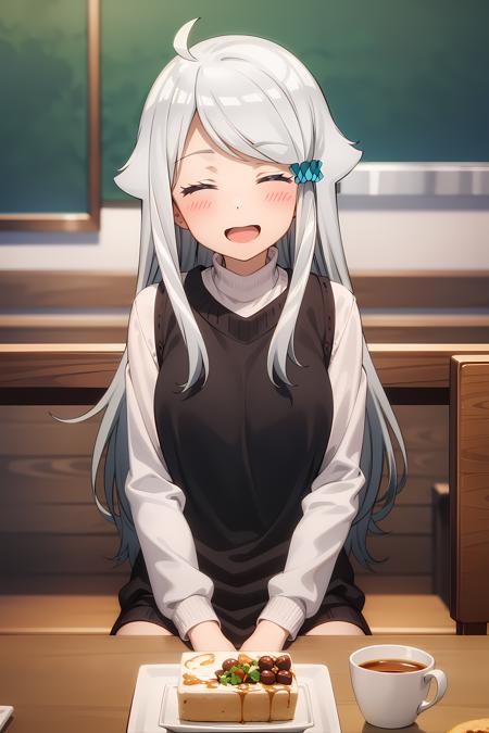 KaniNayuta grey hair, blue eyes, long hair, hair scrunchie, (blue scunchie:1.2), hair flaps, ahoge NayuSweater, black sweater, white shirt, collared shirt, ribbon NayuNun, black dress, nun dress, ribbon NayuCasual, black vest, turtleneck, sweater, layered clothes NayuCasual2, (purple sweater:1.3), white skirt, suspenders, shirt tucked in NayuRPG, dress, blue jacket, off shoulder, cross