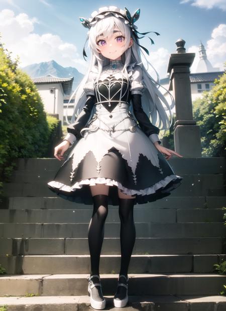 <lyco:chaiktrabant1-000007:1.0>, chaiktrabantdef, full body, standing, smile, blush, outdoors, day, simple background, blue sky, sky, temple, looking at viewer, stairs, mountain, moody lighting, facing viewer,