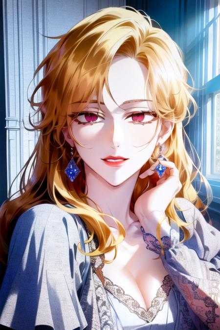 shoujo-style, shoujo, romance manhwa, 1girl, red eyes, bug, butterfly, jewelry, long hair, breasts, earrings, dress, solo, blonde hair, cleavage, smile, looking at viewer, hair ornament, pale skin, puffy sleeves, window, curtains, necklace, short sleeves, upper body, collarbone, puffy short sleeves, medium breasts, red lips, indoors, wavy hair,

(Highres), 8K, Detailed, Ambient Light, Digital Art, Soft Lighting, (Hyper-Detailed Background:1.2), Messy Hair, (Mature Face:1.4), (beautiful face:1.15), (((masterpiece))), (highest quality), ((perfect face)), very deep eyes, (cinematic lighting), detailed eyes, best quality,  realistic background, highres, (intricate details), detailed finger, extremely detailed, intricate, award-winning, hyper-detailed, hard lighting, intricate details, eyes focus, (illustration:1.1), highres, trending on artstation