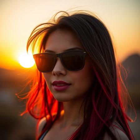 woman portrait,20yo, mulatto latino appearance, sport sunglasses, black and red long hair style, background blurred, sunset in the background, sunny day