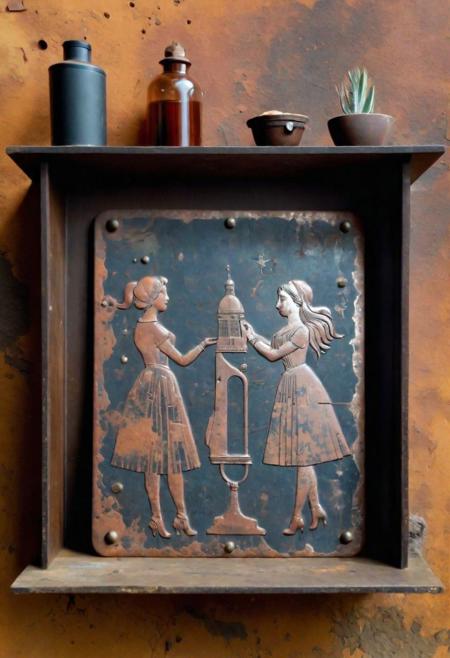 (an archaeological artifact with an illustration etched by hand on scratched and rusty metal, metal plate on a shelf in a 18yh century cabinet of curiosities, photo-realistic:1.3) Victorian men flirting with of a group of girls lifting their skirts to flash vagina,  bokeh, sharp focus on subject, full body, golden background
