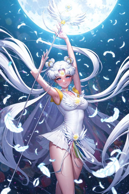 <lora:Sailor_Cosmos-10:1> masterpiece, best illustration, 1girl, white sailor collar, sailor senshi uniform, long hair, magical girl, sailor collar, solo, white choker, white hair, brooch, jewelry, hair bun, double bun, choker, twintails, blue eyes, staff, facial mark, forehead mark, arm up, very long hair, hair ornament, skirt, armpits, cape, short dress, parted bangs, dress, bare legs, earrings, smile, feathers, white dress, looking at viewer, pleated skirt, holding staff, gem, moon, full moon, miniskirt, hairpin, pearl \(gemstone\), dynamic lighting, bloom, lustrous skin, dynamic angle