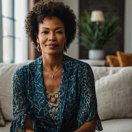 A portrait photo of a beautiful young 40yr African American mother'  at living room  by Tom Munro, {{highly detailed }} {{taken with Canon EOS R10}} {{shot by Canon EOS R10}}