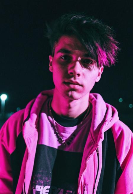go pro photo, half body,1man, 25 y.o. , night , bright clothes 90's, grainy photo, analogue glitch effect, emo, black and pink colors in clothes
