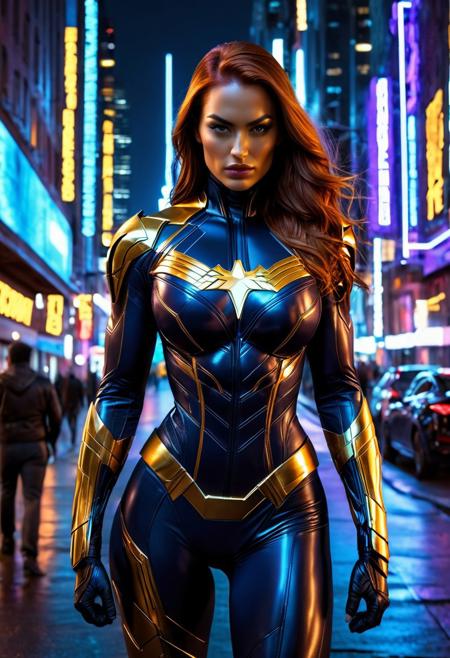 photo of a woman in a black and gold superhero costume, standing on a city street at night, neon lights reflecting off her suit, long brown hair, intense gaze, curvy physique, large breasts, tight-fitting suit, sci-fi aesthetic, urban background, tall buildings, streetlights, cars parked, people walking in the distance, moody atmosphere, detailed textures, high resolution, cinematic style, realistic CGI, dark blue and purple hues in the background, dynamic pose, confident expression, superhero theme, comic book style, detailed costume design, shiny material, glowing accents, futuristic elements, cityscape, nighttime setting, vibrant colors