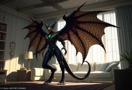Design a Tekken character concept, specifically a divine demogorgon with wings, placed in a living room setting. Incorporate lifelike details, full-body anatomy, and pitch-black skin. Draw inspiration from Vergil and the Final Fantasy X universe. The design should be reminiscent of a gigapixel photo, with an uplight effect, and feature insanely detailed and intricate elements. Imagine this character as an apex legends character. The style should evoke the artistic influences of Android Jones, Greg Rutkowski, and Loish, with a hint of Laura Sava's flair, as if trending on Artstation. The character's personality should exude a politely cocky demeanor.