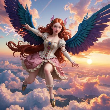 1800s renaissance art, a beautiful technicolor CGI magical girl, flying through the sky, sunset backdrop, clouds, a pair of fiery blue wings



