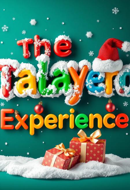 This image is a digitally created Christmas-themed artwork featuring the phrase ( "The  Talayero Experience ") in large, colorful, three-dimensional letters. The letters are adorned with fluffy white snow, giving them a festive, wintery appearance. Each letter is a different color: red, green, yellow, and blue,with the "n"  sporting red Santa hats . The background is a deep teal color, with subtle snowflakes and small, shiny red and gold ornaments scattered throughout, adding to the holiday feel. At the bottom of the image, there are two wrapped gifts in red and gold paper with white ribbons, placed on a layer of white snow. The overall style is vibrant and playful, with a focus on the festive elements of Christmas, including the snow, ornaments, and the Santa hat. The image exudes a cheerful, holiday spirit, perfect for a Christmas greeting card or festive decoration.