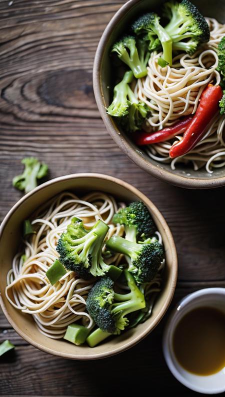 . Photorealistic close-up shot of a bowl of freshly cooked noodles with vibrant green broccoli and colorful peppers on a wooden table, chopsticks and a steamy cup of coffee in the background. Shot with a macro lens for exquisite detail and natural lighting, reminiscent of a food magazine cover. Claude Monet inspired art style with attention to texture and detail, trending on Instagram for its unforgettable composition and colors.