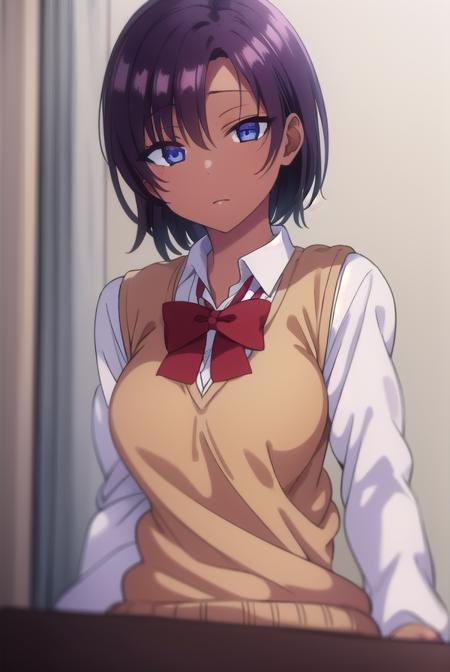 saehinata, <lyco:saehinata-lyco-nochekaiser:1>, 
sae hinata, blue eyes, purple hair, dark skin, dark-skinned female, short hair,
BREAK shirt, bow, school uniform, white shirt, collared shirt, bowtie, red bow, sweater vest, brown sweater,
BREAK looking at viewer,
BREAK indoors, classroom,
BREAK <lora:GoodHands-vanilla:1>, (masterpiece:1.2), best quality, high resolution, unity 8k wallpaper, (illustration:0.8), (beautiful detailed eyes:1.6), extremely detailed face, perfect lighting, extremely detailed CG, (perfect hands, perfect anatomy),