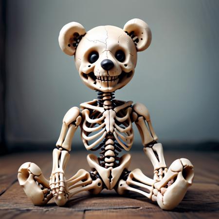 medium close up photo of a (teddy bear:1.5) seated on a worn wooden floor, its cuddly form meticulously crafted from smooth, polished bones, button eyes replaced with hollow sockets, a stitched smile using thin, black thread on the skull-like face, one ear slightly askew, holding a small, bone-carved heart, contrasting textures, soft, diffused lighting, creating a melancholic yet endearing mood, unsettling cuteness, intricate details, ultra sharp, exquisite detail, flawless composition, muted color palette, masterpiece, blurred background <lora:Bones_World_Morph:1> boneswm,