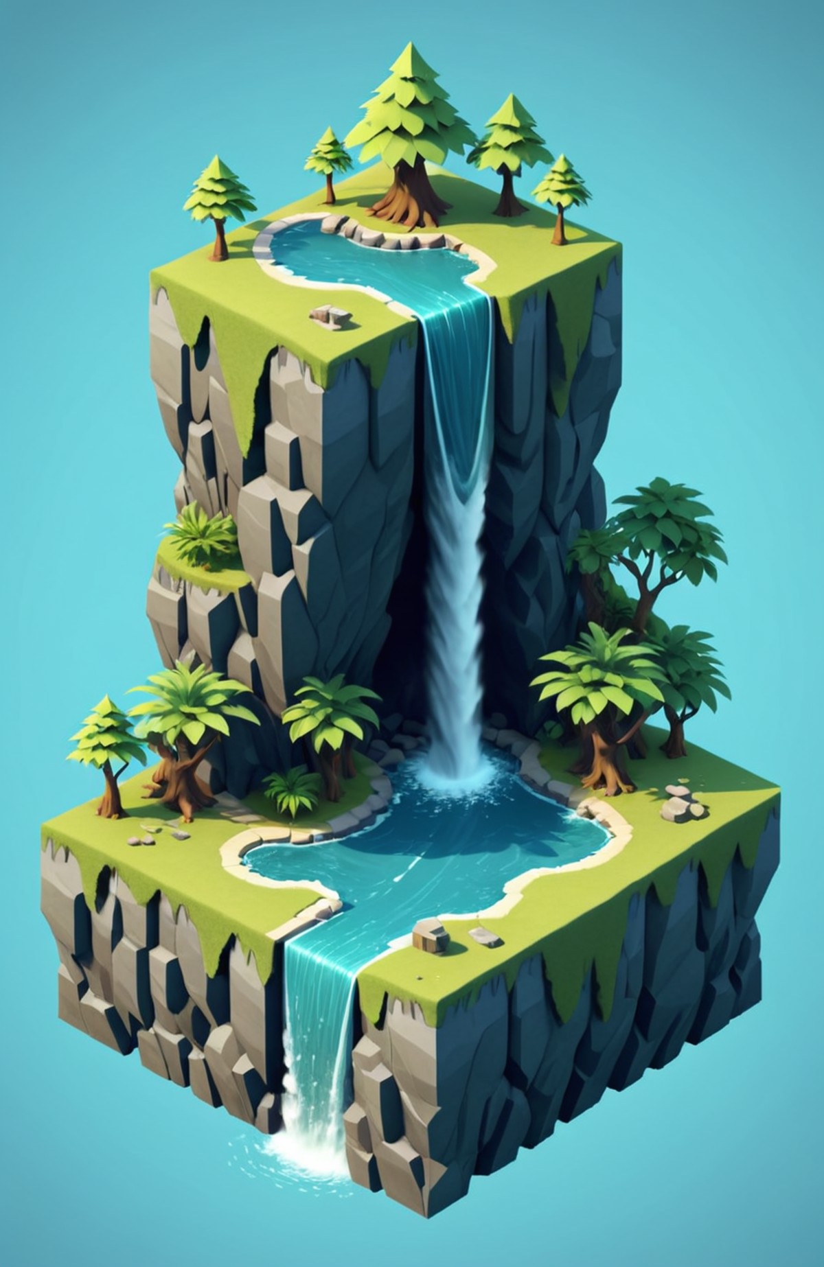 Flat papercut style <lora:Island_Generator_Update:1> a fantasy island with a waterfall and trees, isometric 3d fantasy isl...
