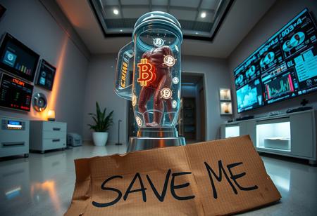 “Plastic Man morphing into a combination of a blender and bitcoins, blending human and appliance features with intricate high-technology details. His body exhibits glossy, translucent plastic textures merging seamlessly with the sleek, metallic surfaces of a blender, while glowing bitcoin symbols and digital codes flow through the blades and base. Random, glowing, fancy spots illuminate the scene, resembling futuristic bio-luminescence. A rotten piece of cardboard lies in the foreground, damp and crumpled, with bold, messy handwriting that reads: ‘SAVE ME.’ The background shifts to a high-tech room in a domotical house, filled with smart home devices, sleek control panels, glowing LED lights, and walls covered in digital screens showing data and automated systems in action. The illumination source comes from an ambient, soft glow emitted by the walls, casting dynamic reflections and shadows throughout the room. Rendered with cinematic prime lens effects, using a fisheye 12mm perspective for dramatic distortion and dynamic depth, showcasing surrealism with stunning visual clarity.”