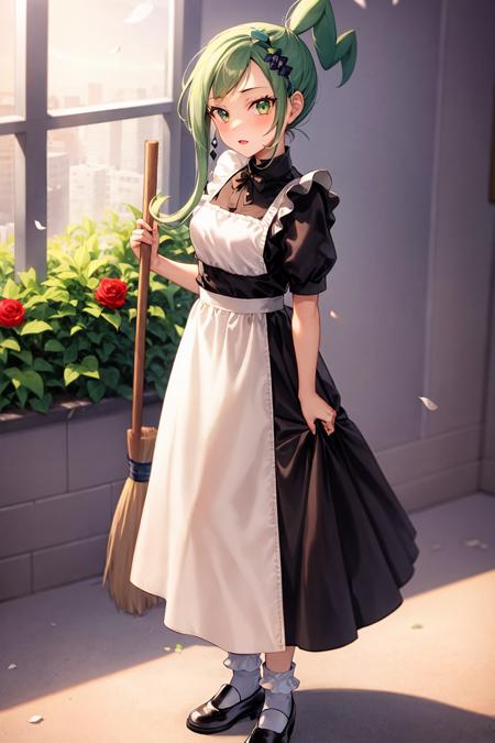 masterpiece,best quality, <lora:lisia:1>,1girl, solo, green hair, apron, holding, green eyes, broom, short sleeves, socks, flower, holding broom, maid, dress, sidelocks, petals, rose, blush, black dress, shoes, alternate costume, full body, looking at viewer, black footwear, standing, long hair, enmaided, bow, ponytail, white socks, red flower, maid apron, white apron