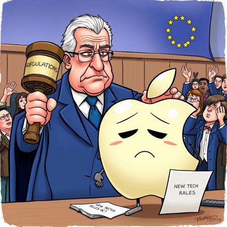 A political cartoon depicting the European Union as a stern, authoritative figure (like a judge or bureaucrat) holding a large gavel labeled "Regulations" or "Antitrust". In the foreground, depict Apple as a large, defensive company represented by an oversized apple logo, looking nervous or overwhelmed. The setting could be a courtroom or a government office, with the EU figure pointing to a document titled "New Tech Rules" or "Digital Markets Act". Surrounding elements might include smaller tech companies or consumers cheering in the background, symbolizing support for the EU﷿s actions.
