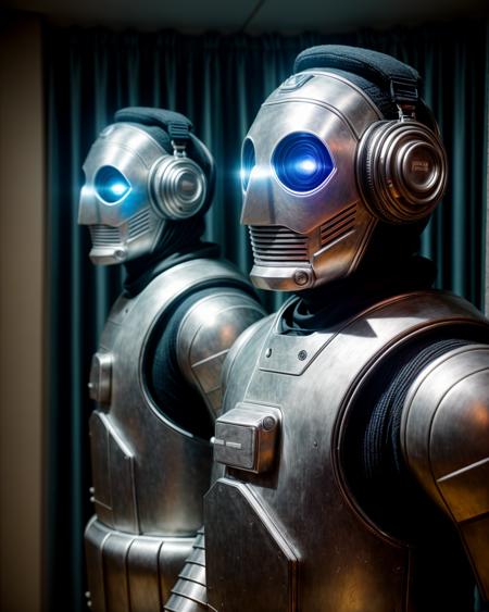 RAW photo, funny  Cybermen in a study at a synagogue, while a shape-shifter hunting for its next victim, (high detailed skin:1.2), 8k uhd, dslr, soft lighting, high quality, film grain, Fujifilm XT3,  <lora:add_detail:1>