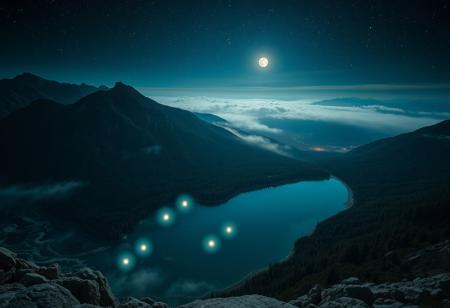 POV, on top of a mountain, looking down from mountain top, geological basin at the base of mountain, rivers leading to basin from mountains, basin surrounded by mountains, shore line, trees, clear blue water, cloud streams, mist over basin, at night, dark, moon, moon light, 3 small glowing orbs in air around basin, 3 small glowing orbs under water surface, stars, night sky, nebula, moons in sky, glowing in the forest, orange glow,