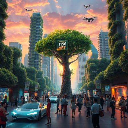 A vibrant, futuristic cityscape where nature and technology coexist seamlessly. Towering skyscrapers are covered in lush greenery, creating a vertical urban forest. In the bustling streets below, people in sleek, futuristic attire interact with holographic devices, while floating electric cars with neon LED accents glide by. In the center of the scene, a majestic "tech tree" stands tall, its glowing branches connected to holographic displays sharing weather and art. Drones buzz overhead, delivering packages, and the sky glows with a stunning sunset in shades of orange, pink, and purple. The mood is harmonious, blending innovation and nature in a hopeful vision of the future, with diverse people engaging peacefully. The bold colors and dynamic scene are designed to captivate and spark conversation on social media.