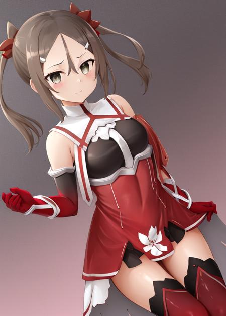 <lora:Miyoshi_Karin-10:1>, Miyoshi_Karin, 1girl, solo,brown hair, hair ornament, thighhighs, gloves, dress, hair between eyes, bare shoulders, twintails,brown hair, boots, elbow gloves,parted bangs, grey eyes, thigh boots, red dress, red footwear, red gloves, red thighhighs,red leotard,upper body