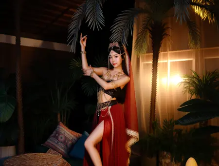 NSFW WAN2.2 T2V Oriental dancer costume, red transparent long skirt, leopard print stockings