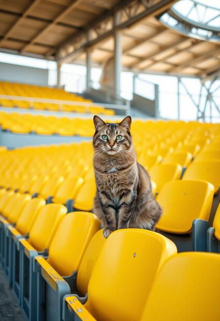 (Soft Lighting Photography by Mimoza Veliu and Mario Giacomelli:1.2), NSFW, a cat sitting on yellow stadium seats in what appears to be an empty sports arena or venue. The background features rows of empty yellow seats and some structural elements of the stadium, such as beams and supports. The lighting suggests it might be daytime, with natural light illuminating the scene.