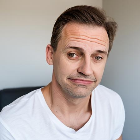 RAW photo,  man in  m3gust face, white t-shirt,((upper body))<lora:m3gust4-000066:1>, 8k uhd, dslr, soft lighting, high quality, film grain, Fujifilm XT3, simple background