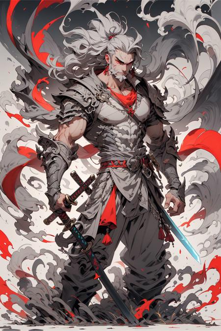 1boy, weapon, male focus, , long hair, , , holding sword, , , standing, armor, grey hair, sheath, pectorals, , belt, scabbard, shoulder armor, full body, smoke, facial hair, jewelry, pants, red eyes, , muscular, 
,, <lora:niji_wushi_yuan:0.6>