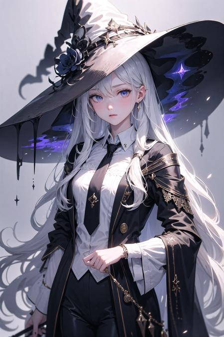 <lora:wrenchwitchiness:1>, wrenchwitchiness, very long hair, white theme, suit, necktie,