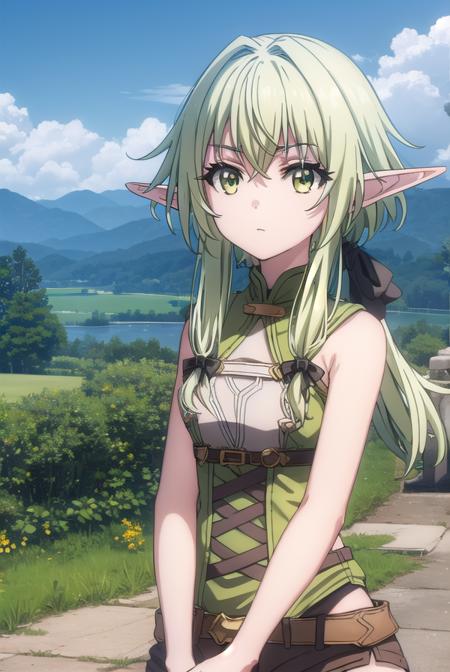 high elf archer, long hair, (green eyes:1.5), bow, hair bow, black bow, sidelocks, green hair, pointy ears, elf, thighhighs, boots, shorts, sleeveless, bare arms, thigh boots, brown footwear, brown shorts,