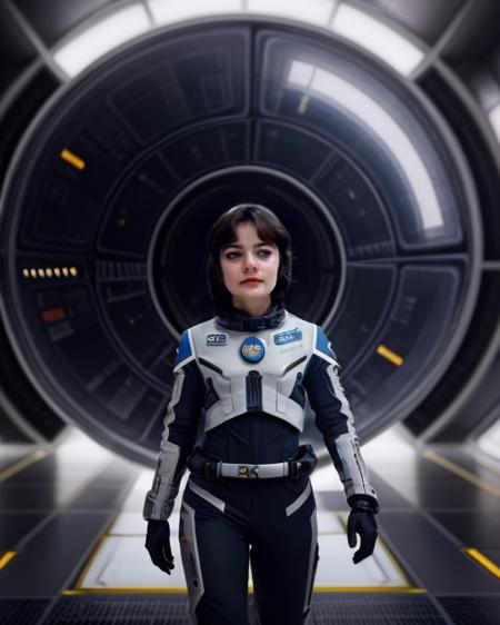 A woman in a futuristic space uniform, against the background of the spaceport <lora:DetaliSlider:2> <lora:Alisa200:0.7>, maximum details