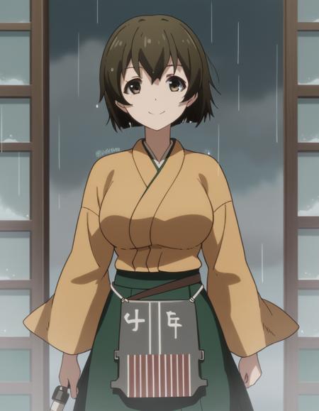 hiryuu, short hair, brown hair, brown eyes, hiryuu (kancolle), large breasts, skirt, japanese clothes, green skirt, long sleeves,