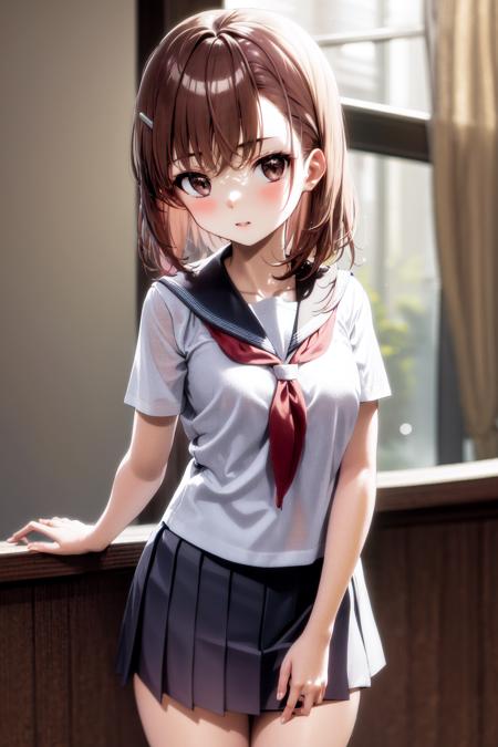 masterpiece, best quality, highres, 1girl hairclip <lora:misaka_mikoto_no_outfit:1> serafuku, school uniform