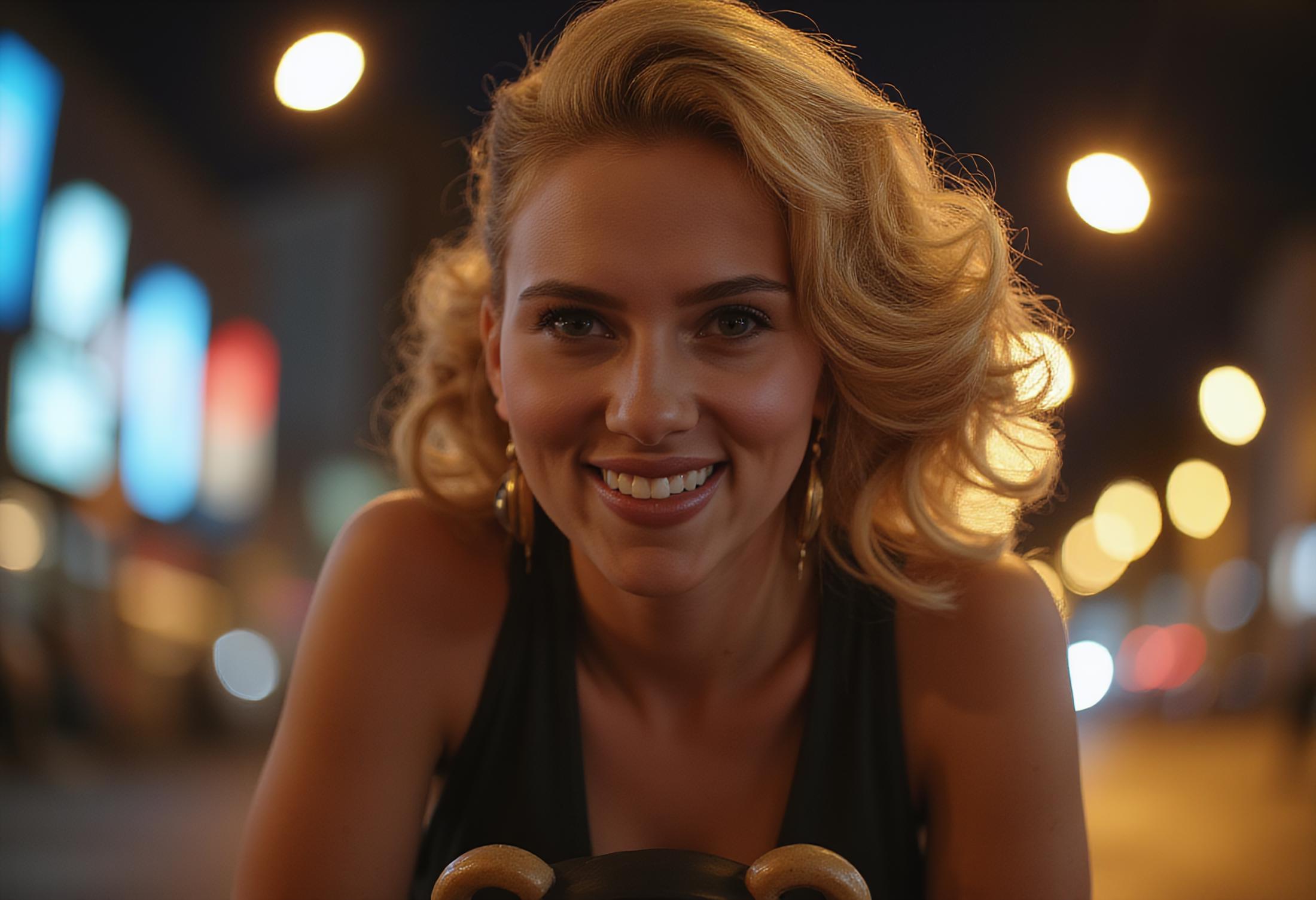 focus is on the woman, closeup headshot of woman with short blonde hair, riding a bear through the streets of los angles at night, happy times, 
 news feed text written "Riding your Bear to work day"