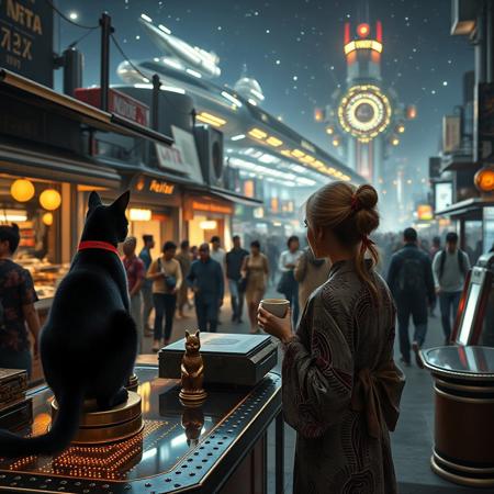 Setting is a futuristic cyberpunk street market at night, the market is comprised of street vendors selling robot parts, food, weapons, and robot pets. People wearing futuristic cyberpunk clothing are walking through the street market shopping and eating, A sleek black cat with red collar sits on a cluttered metal riveted counter with transparent top and micro-LED lighted computer components visible inside, On the counter is an ebony and gold maneki neko statue and a classic ornate art deco espresso machine of copper and brass, (((a beautiful woman, 24 years old, is standing in the foreground facing the cat with a steaming cup of espresso in her hand))), the sleek black cat with red collar is sitting on the desk and watching the people walking by in the busy street market, the woman is dressed in futuristic cyberpunk Japanese style kimono-style clothing that are sexy and Japanese classic aesthetic. An enormous art deco inspired starship with futuristic lighting and an enormous space station are visible in the background among the stars, The woman's hair is elegantly tied up with a ribbon. Artistic cyberpunk, dynamic perspective, (((overall architectural aesthetic is Art Deco Cyberpunk))).  Epic image that elicits a feeling of wonder and awe, part of the interior is visible,