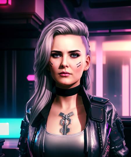 a woman, silver hair, medium breast, full body, cinematic, uhd, hdr, posing, by conor harrington <lora:RogueA:0.85>, (Cyberpunk), futuristic, neon, urban, dystopian