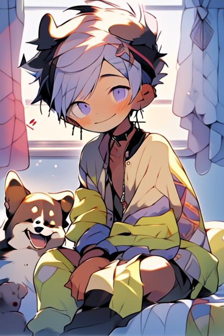 (masterpiece, best quality:1.2), illustration, absurdres, highres, extremely detailed, perfect face, 1boy, male focus, (adult male:1.2), sitting on bed, purple hair, short hair, messy hair, purple eyes, blue off the shoulder sweater, black sport shorts, bulge, black thigh highs, dog collar, flat chest, thick thighs, tall, smiling, looking at viewer, dog ears, dog tail, femboy, otoko no ko,