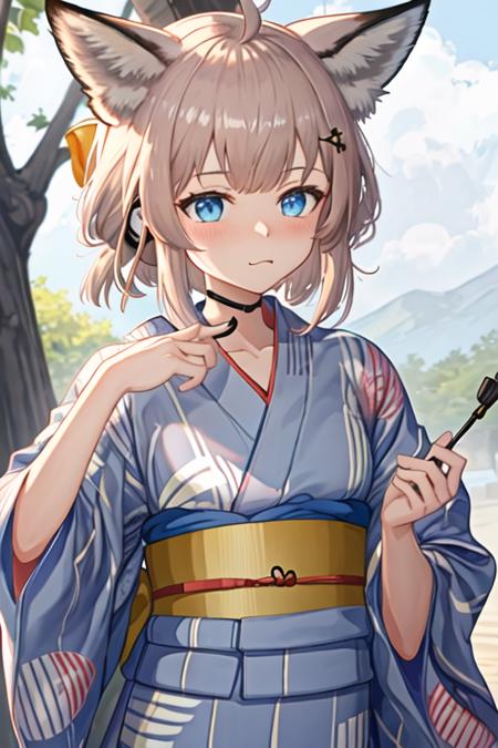 best quality, masterpiece, highres, solo, {yukata:1.40}, {kimono:1.20}, {sussurro_arknights:1.15}, animal_ears, fox_ears, ahoge, blue_eyes, bangs, short_hair, oripathy_lesion_\(arknights\), brown_hair, fox_girl, upper_body, animal_ear_fluff, closed_mouth, blush