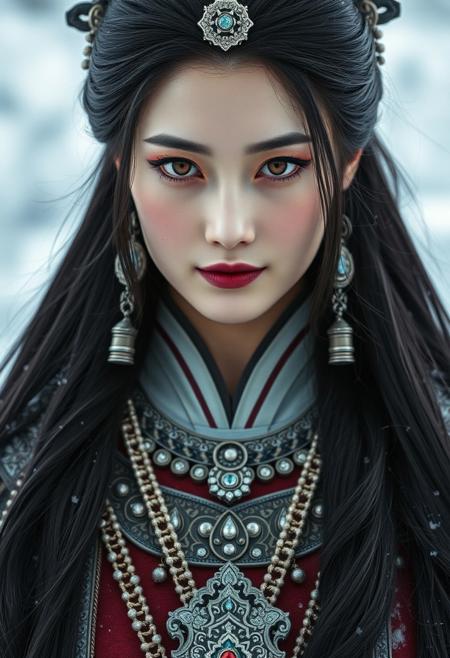 symmetrical full shot of a mongolian warrior girl, long hair, black hair, jewelry, (red eyes:1.1), makeup, blue lipstick, pale skin, white skin, armour, earrings, wearing elegant costume, in the moutains at winter, winter, snow in the background,  skin texture, best quality, ultra-detailed, analog style, cinematic light, sidelighting, ultra high res, small smile, closed mouth, Kang-Jin Star, Wukong