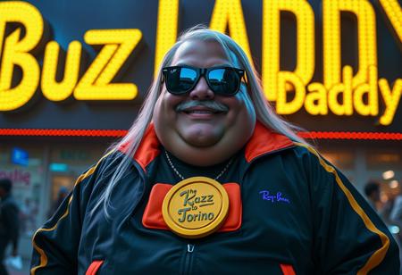 Got it! Here’s the updated remix with the Ray-Ban Wayfarer goggles:
Buzz Daddy is a larger-than-life character, exuding charisma with a signature grin reminiscent of Riccardo Villalobos. His playful, lighthearted aura contrasts with his bulky, chubby physique. He’s decked out in a corporate tracksuit with vibrant psychedelic details, featuring a standout orange piece that reads “The Road to Torino.” His look is completed by a massive yogurt buckle shaped like a buzz coin, and long, straight white hair that adds to his striking appearance. His Ray-Ban Wayfarer goggles reflect the electric glow of digital yellow signs, while he mischievously tosses stacks of Buzz coins around.
Buzz Daddy’s personality is zany, artistic, and captivating—his presence radiates the vibe of a meme king who thrives on humor and unpredictability. In the scene, “Buzz Daddy” is showcased in luminous, cinematic letters, whether displayed on a neon-lit billboard, a glowing mural, or boldly printed across his ultra-realistic jacket. The composition merges digital and artistic styles, creating a playful yet composed visual experience. The atmosphere is surreal and meme-driven, highlighting Buzz Daddy’s larger-than-life persona with influences from aidmafluxpro1.1, aidmaMJ6.1, and aidmahyperrealism, ensuring an unforgettable visual impact.