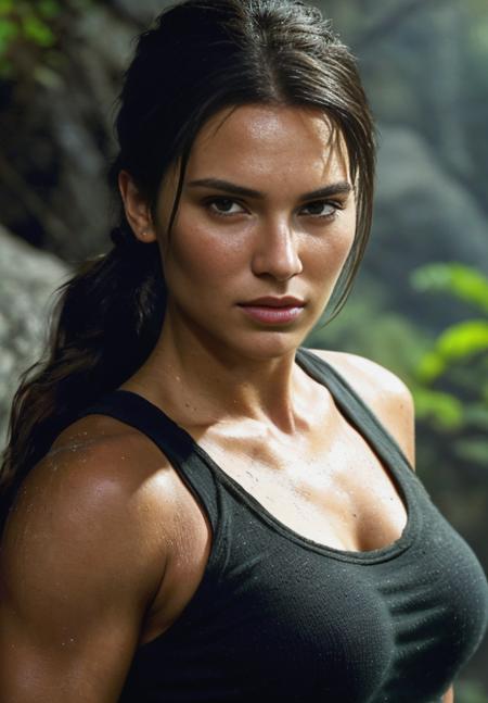 photo of beautiful sks woman, (perfect face), a woman as an action hero, lara croft tomb raider, torn blue tank top with ripped cloth, short brown shorts, on a rocky cliff overlooking a jungle, dark moody ambience (masterpiece:1.2) (photorealistic:1.2) (best quality) (detailed skin:1.2) (intricate details) (8k) (HDR) (cinematic lighting) (sharp focus), (looking at the camera:1.1), (closeup portrait:1.1), <lora:lora_kendall_v1_from_v1_160:1.2>