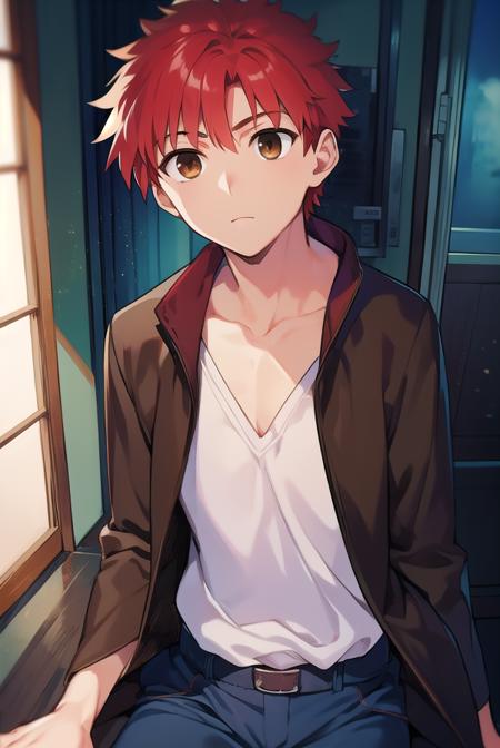 shirouemiya, <lora:shirouemiyatest:1>, 
shirou emiya, 1boy, (red hair:1.5), spiked hair, (brown eyes:1.5), mature male,
BREAK blue pants, collarbone, pants, shirt, long sleeves, white shirt,
BREAK looking at viewer,
BREAK indoors, classroom,
BREAK <lora:GoodHands-vanilla:1>, (masterpiece:1.2), best quality, high resolution, unity 8k wallpaper, (illustration:0.8), (beautiful detailed eyes:1.6), extremely detailed face, perfect lighting, extremely detailed CG, (perfect hands, perfect anatomy),