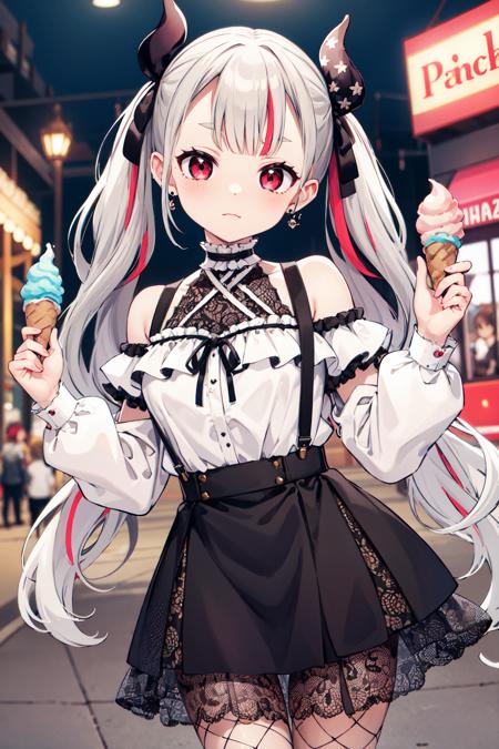 masterpiece, best quality, highres, hmnab, multicolored hair, hair bow, twintails, white shirt, black skirt, fishnets, suspender skirt, bare shoulders, earrings, puffy sleeves, <lora:naraka_v10:0.7>, cowboy shot, amusement park, holding food, ice cream,