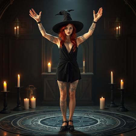 full body picture of a witch, wearing a short, low cut, black tunic, her body displaying arcane and mystical tattoos , red hair, witches hat, standing, legs apart, arms raised in the middle of a magic circle in a dark gothic room, candles, long shot, deep focus. ultra hd, realistic, vivid colors, highly detailed, perfect composition,