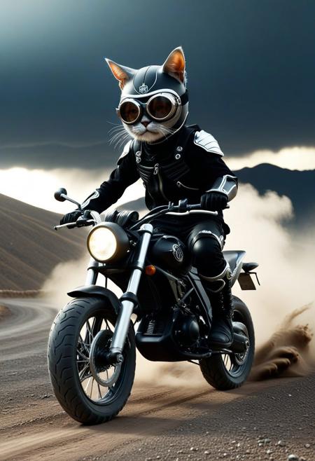 (black and Creepy modeling:1.3), from side, closeup full body shot, closeup cute small motorcycle, cat riding on, wear round goggles, wear animal ears helmet, wear black armor, run through on mountain dirt road, Dust cloud, cinematic, cinematic lighting, (masterpiece, best quality:1.4), ultra-high res, 4k, Photorealistic, insanely detailed, sfw,