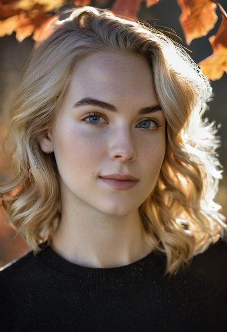 "Create an image of a young woman with fair skin and sun-kissed blonde hair styled casually. Her hair should be textured, slightly wavy, and shoulder-length. She has defined eyebrows, clear eyes, and natural makeup. She is wearing a fitted, black, crew-neck sweater with a ribbed texture. The setting is outdoors with a backdrop of autumn trees, bathed in the warm, soft glow of late afternoon light. "