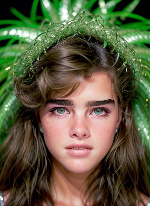 portrait of Brooke Shields, scared , wearing sequined , with green Feathered haircut , background cave epic (photo, studio...
